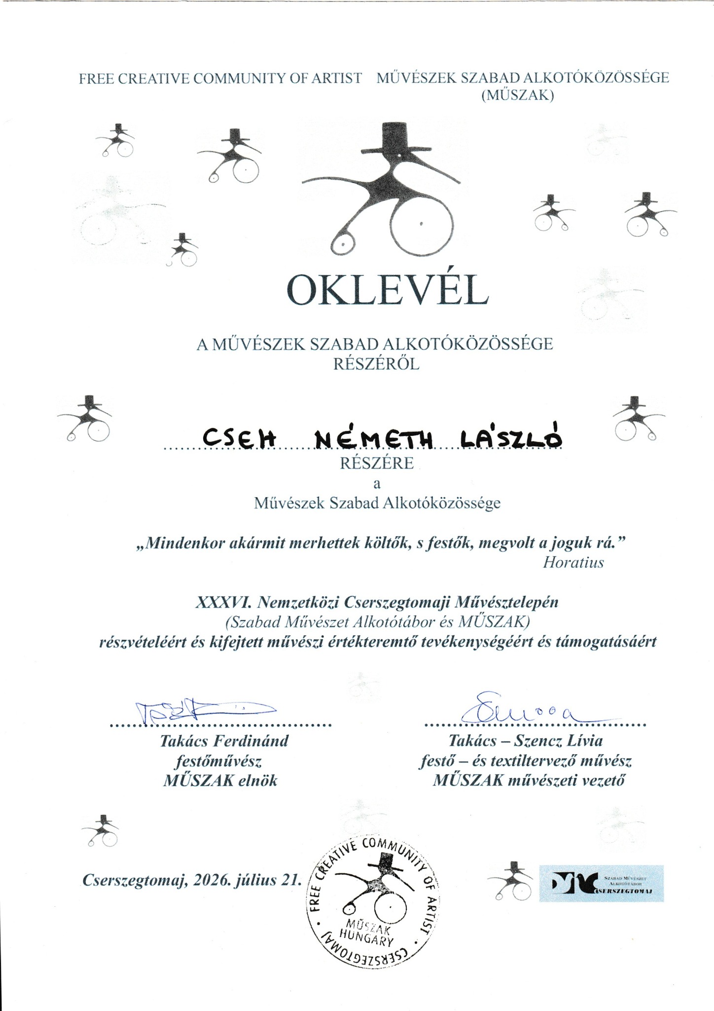 MŰSZAK oklevél 2026